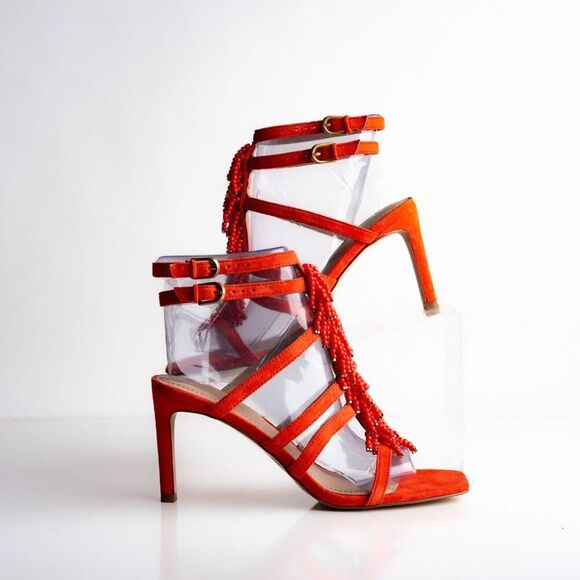 Boden Womens Sandals Heels Orange Strappy Beaded Open Toe Suede US 7 EU 38 - Picture 2 of 10